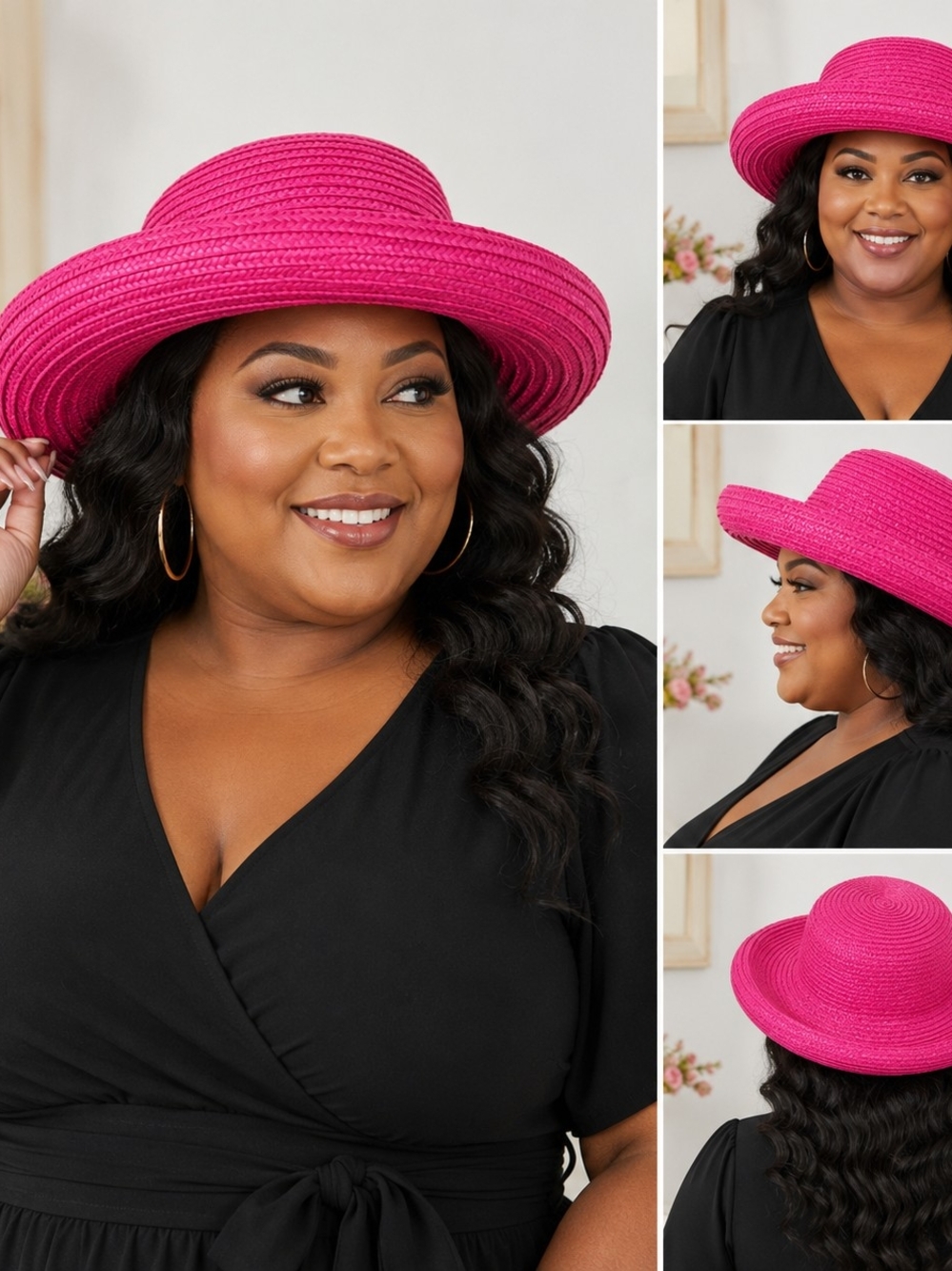 Hot Pink Woven Straw Hat Wide Brim Church Derby Hat Size 7"